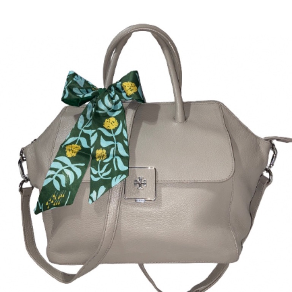 Tory Burch Gray Leather Bag with Green Floral Scarf